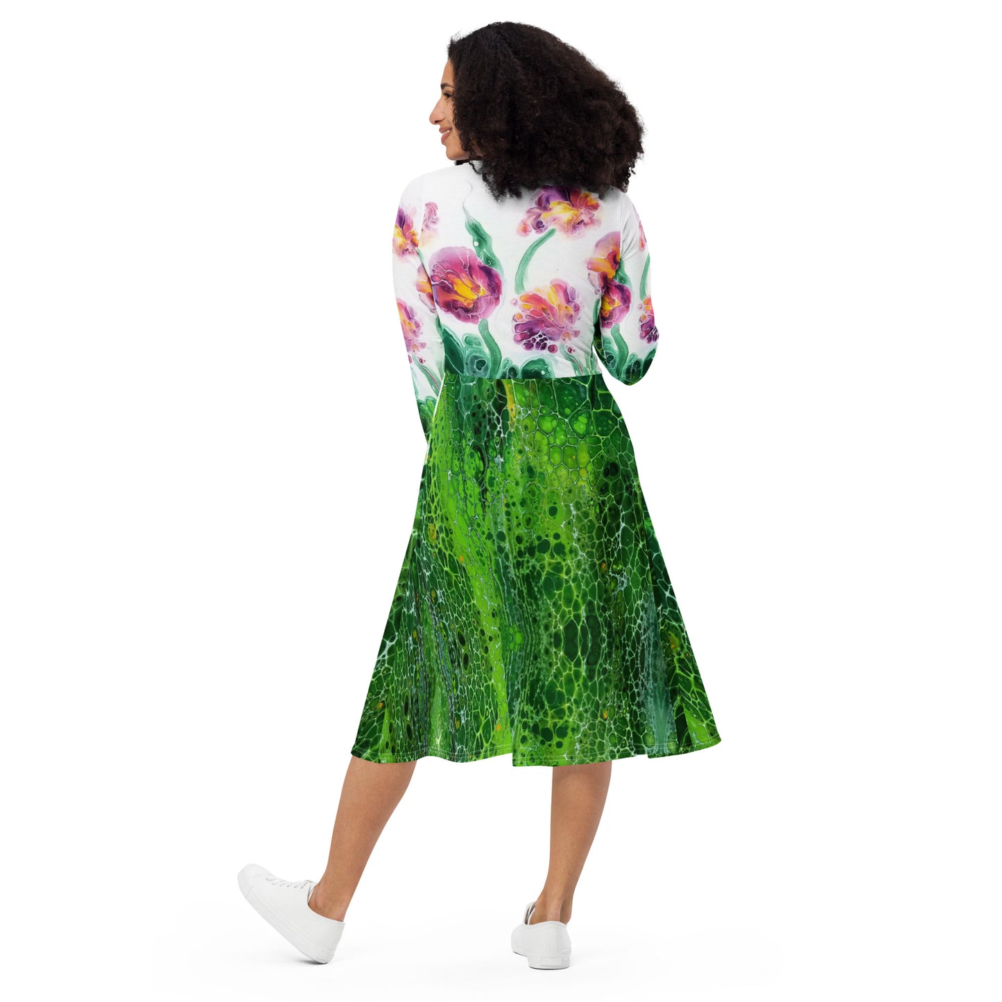 Abstract Floral All-over print long sleeve midi dress