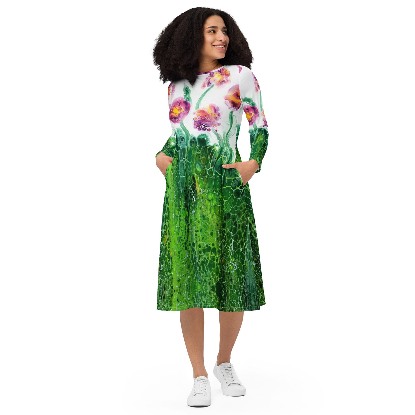 Abstract Floral All-over print long sleeve midi dress