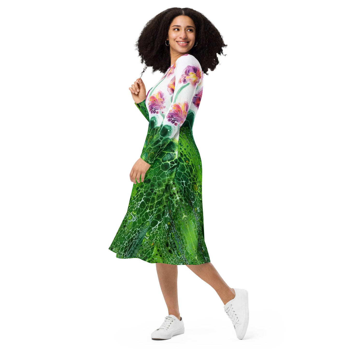 Abstract Floral All-over print long sleeve midi dress