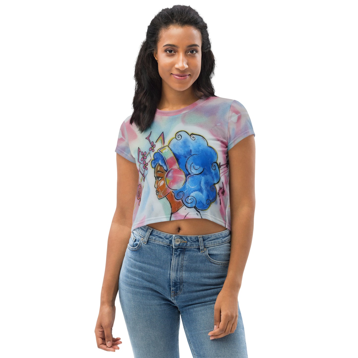 Girl with Headphones All-Over Print Crop Tee